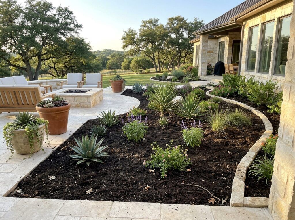 Living Mulch ground cover spread around garden plants, dark brown organic texture covering soil.