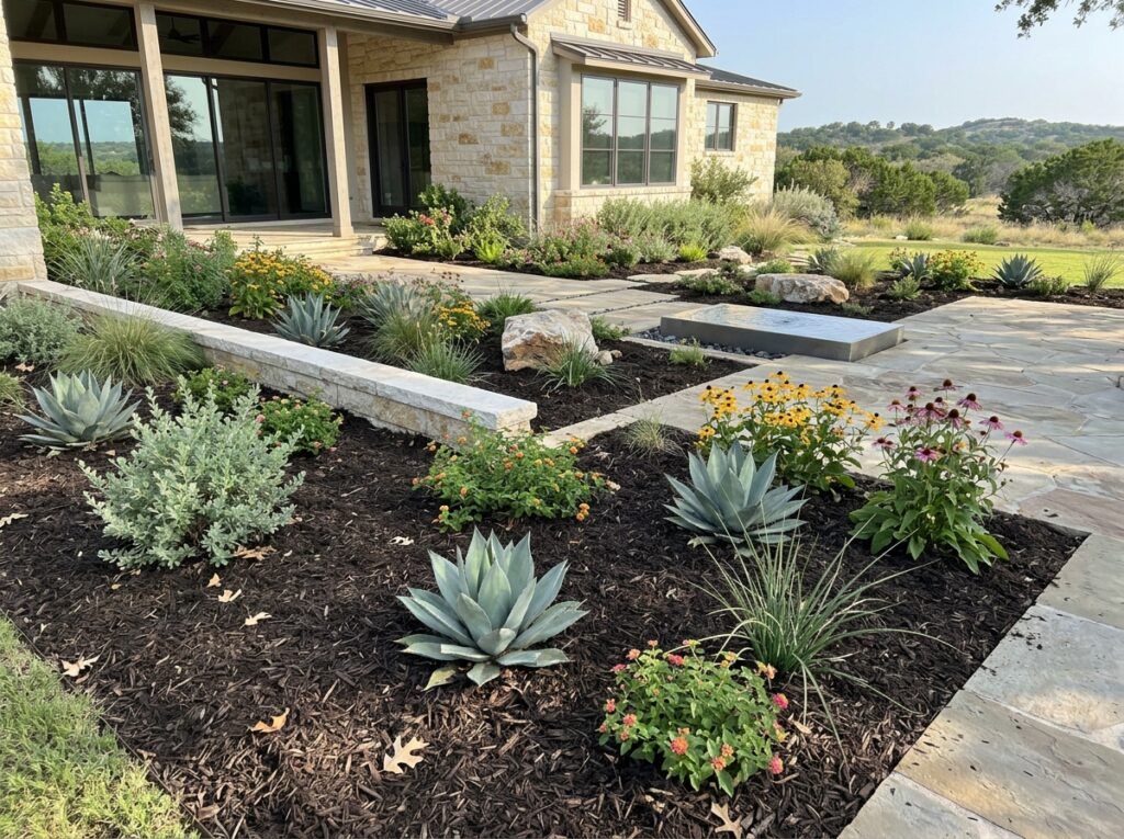 Living Mulch ground cover of dense green low plants filling a garden bed around shrubs.