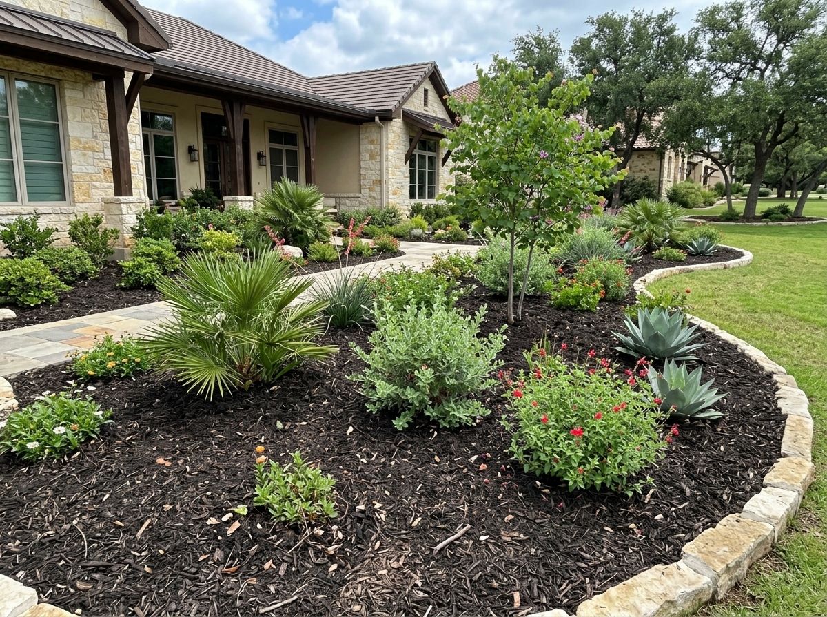 Living Mulch ground cover spread in a neat layer around shrubs, dark brown and textured for weed control.