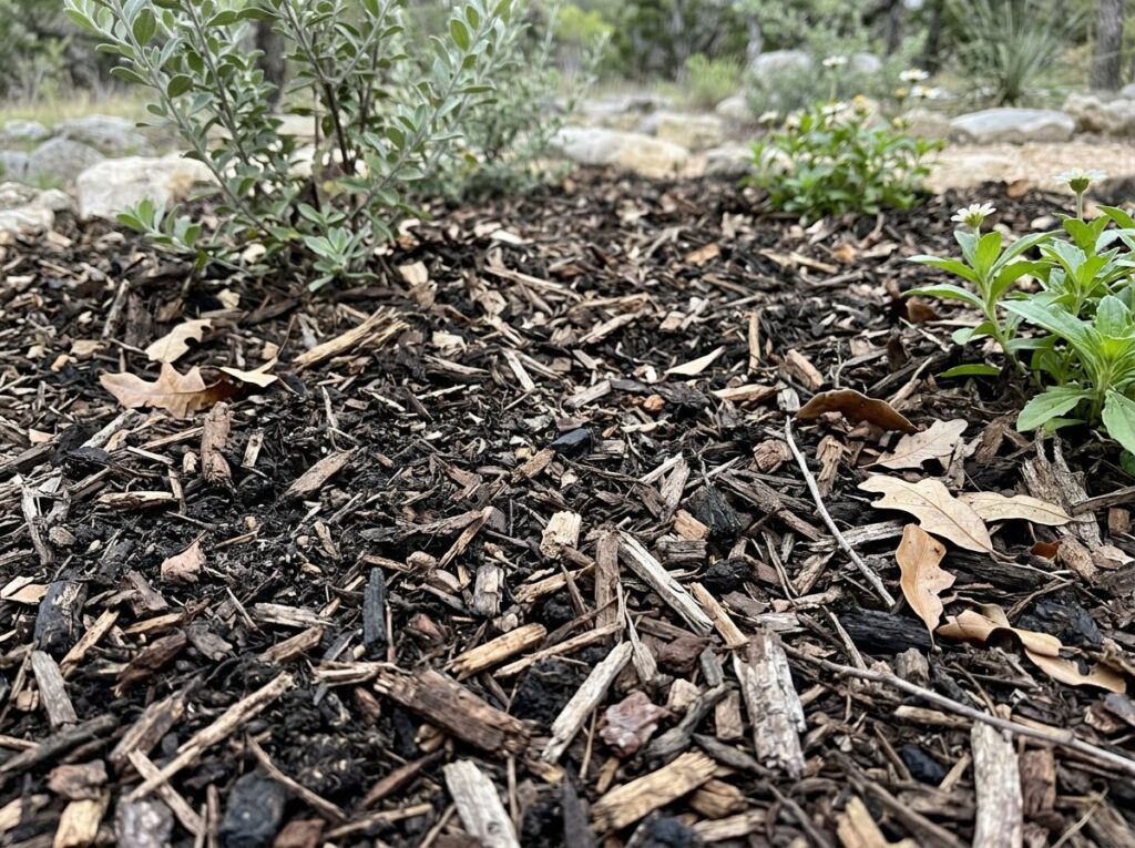 Living Mulch ground cover in rich brown shredded pieces spread evenly across soil around plants.