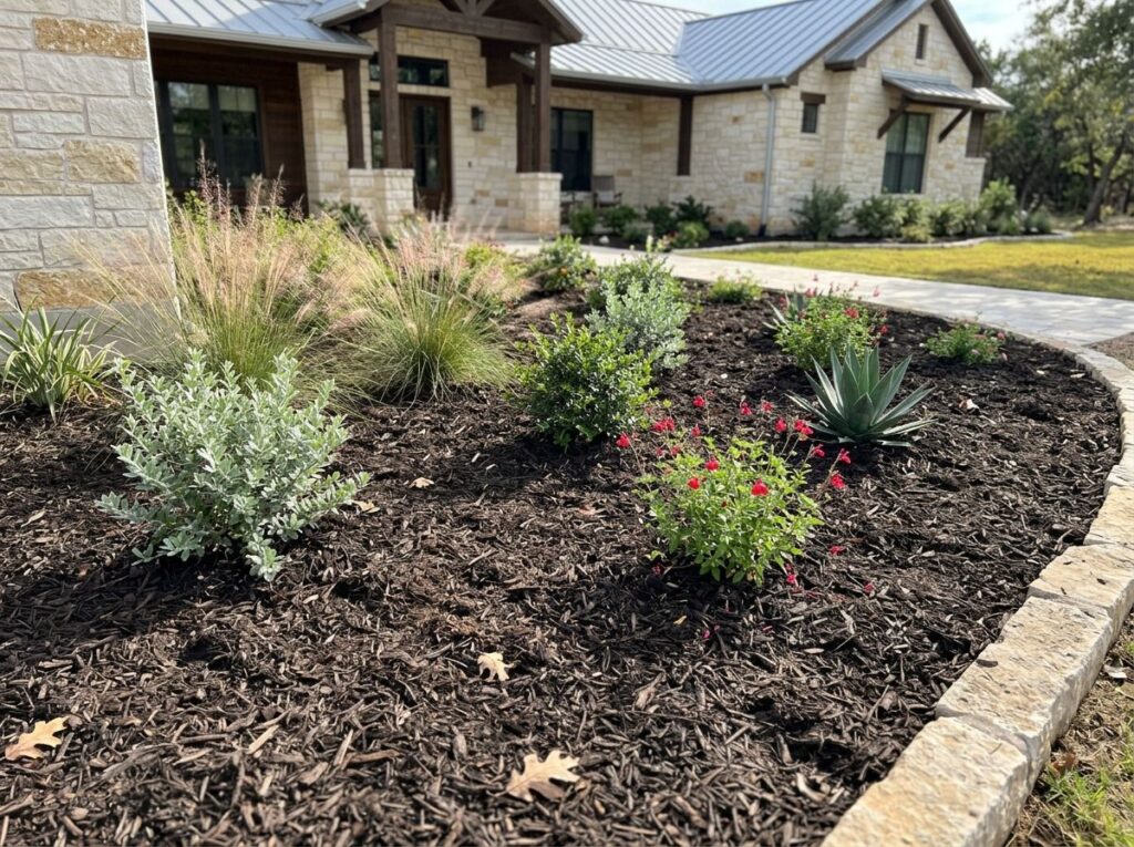 Living Mulch mulch ground cover spread over a garden bed, dark organic texture surrounding small plants.