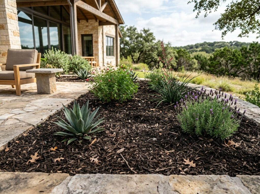 Living Mulch ground cover spread around garden plants, dark brown shredded mulch texture covering soil.