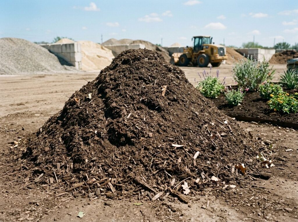 Living Mulch ground cover spread in a neat layer, dark brown shredded mulch texture covering soil.