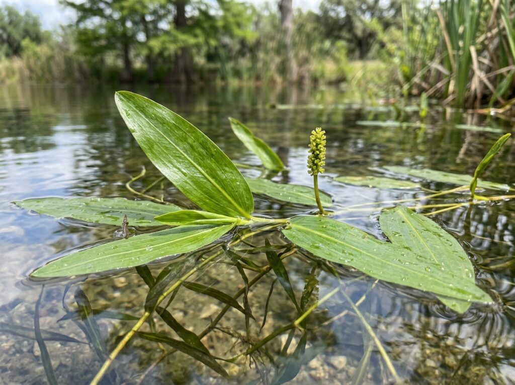 Longleaf Pondweed aquatic plant with slender green leaves floating and submerged in clear water.