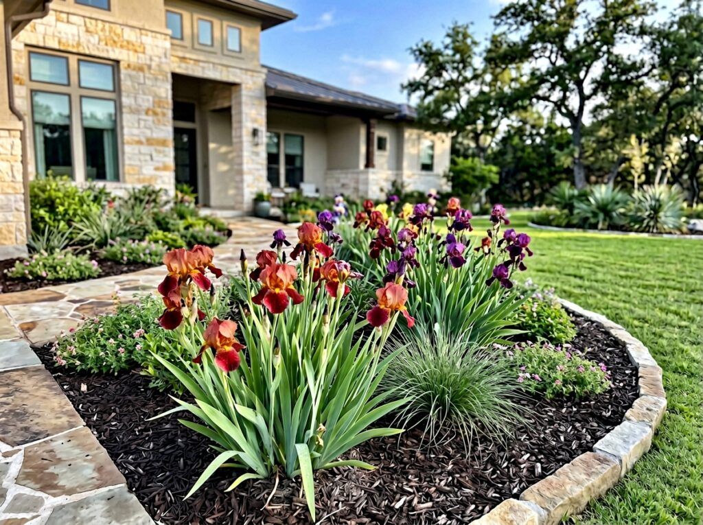 Louisiana Iris perennial in a nursery pot with upright green, sword-like leaves.