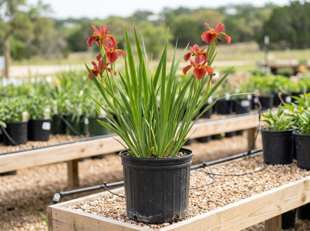 Louisiana Iris perennial with purple flowers and tall green sword-like leaves growing in a pot