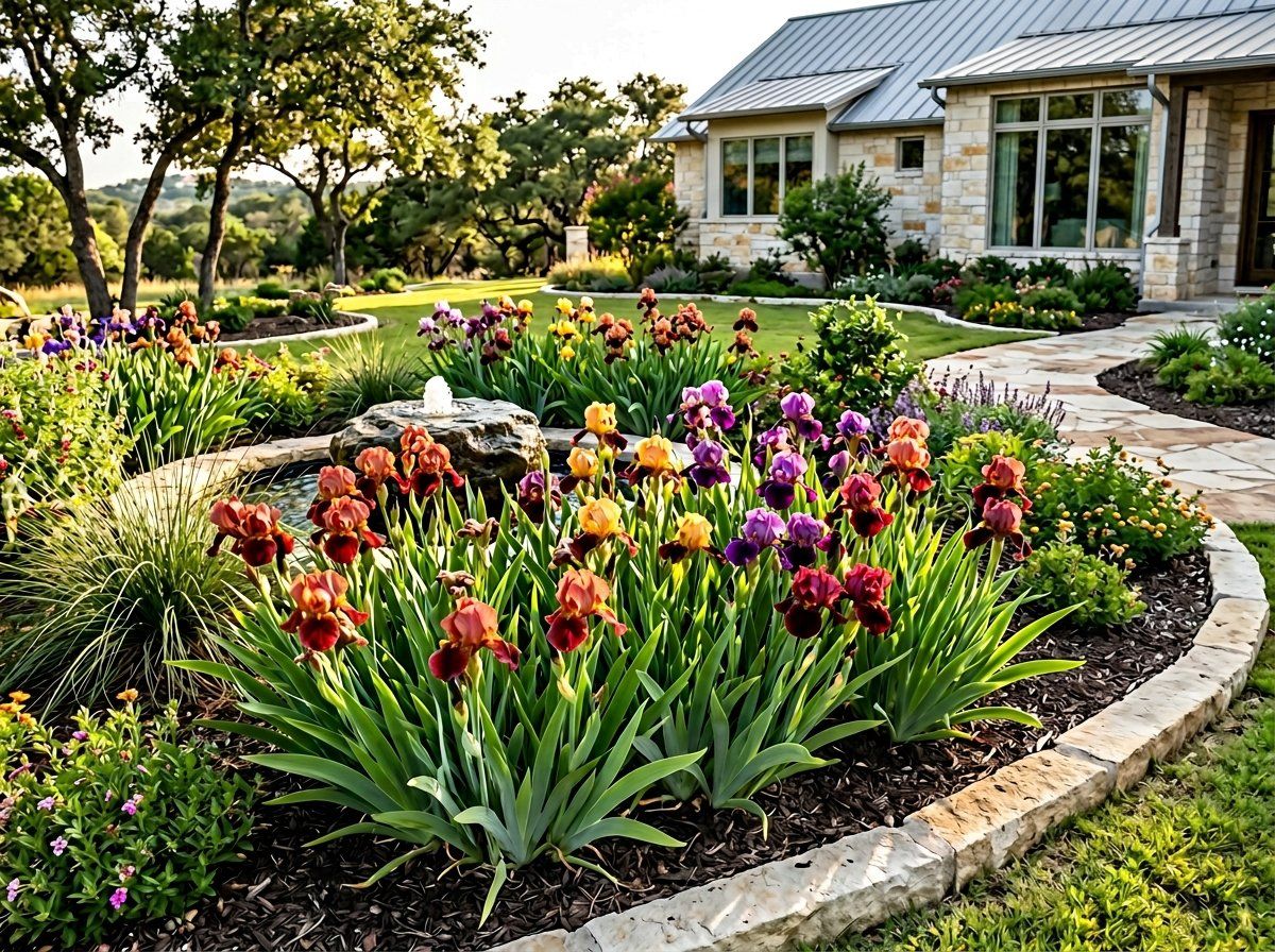 Louisiana Iris perennial with tall green leaves and purple blooms in a garden bed.