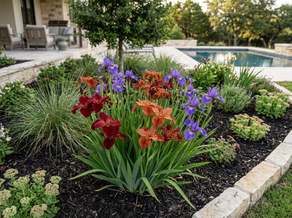 Louisiana Iris perennial with purple blooms and upright green leaves in a garden bed.