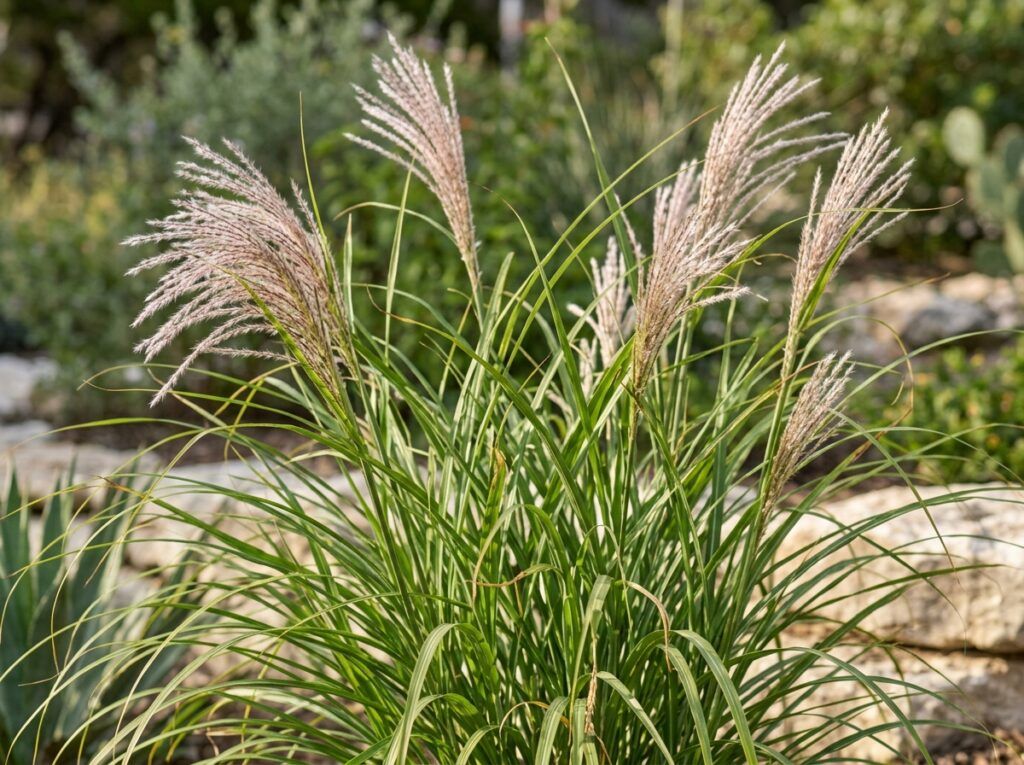 Maiden Grass perennial in a black nursery pot with upright green blades and feathery tan plumes.