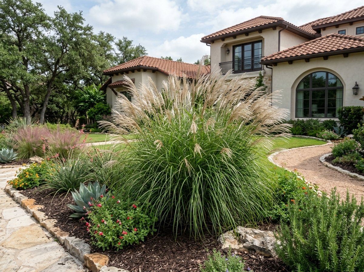 Maiden Grass clump with arching green blades and feathery plumes in a garden bed.