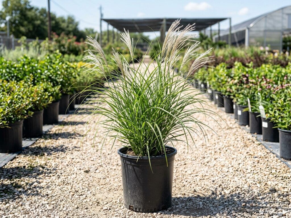 Maiden Grass perennial in a nursery pot, forming a dense clump of arching green blades.