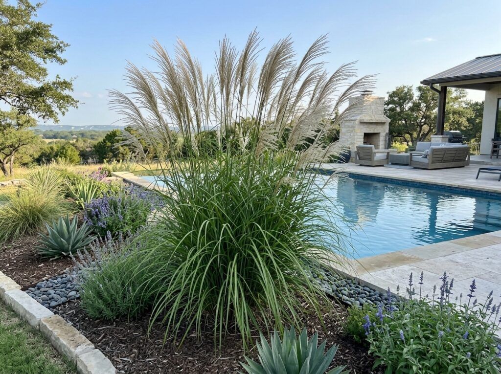 Maiden Grass perennial with arching green blades in a nursery container.