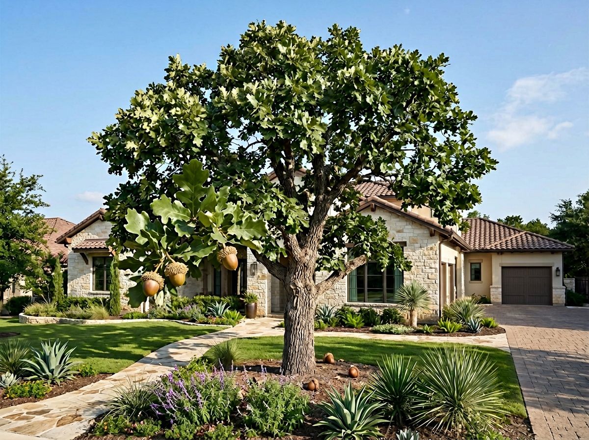 Mature Bur Oak tree with broad canopy and textured trunk in a landscaped lawn.