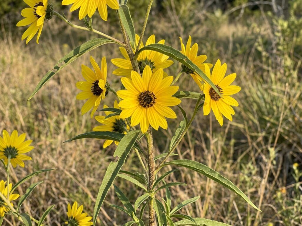 Maximilian Sunflower perennial in a nursery pot with tall green stems and yellow daisy-like blooms.