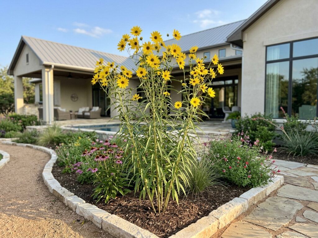 Maximilian Sunflower perennial with tall green stems and bright yellow daisy-like flowers in bloom.