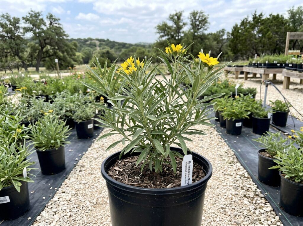 Maximilian Sunflower perennial with tall leafy stems and bright yellow daisy-like blooms growing in a garden bed.