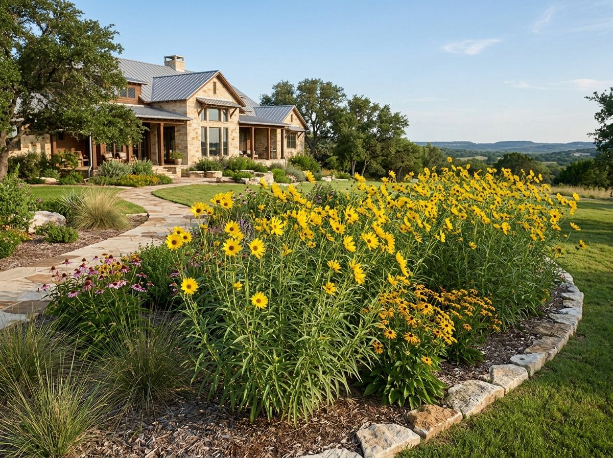 Maximilian Sunflower with tall green stems and bright yellow daisy-like blooms rising above dense foliage.