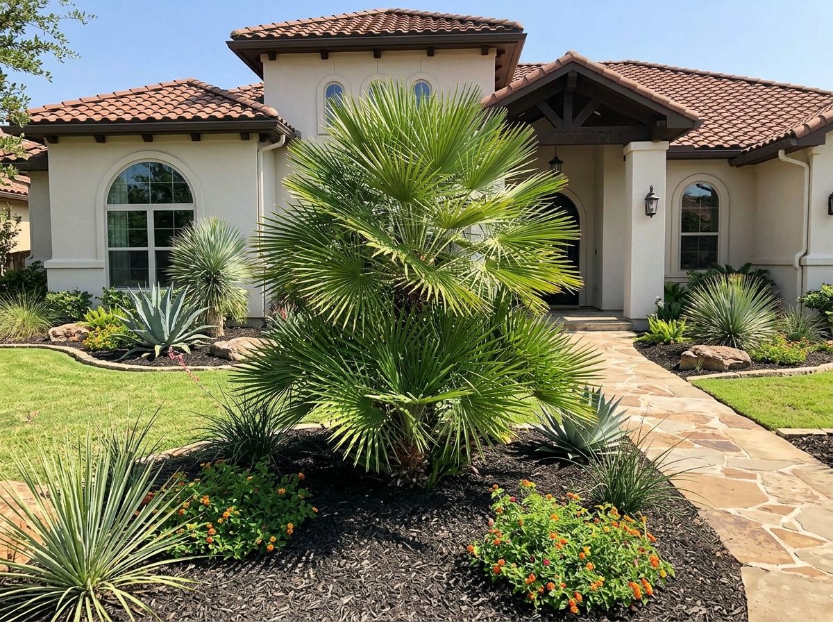 Mazari Palm in a black nursery pot with stiff blue-green fan-shaped fronds.