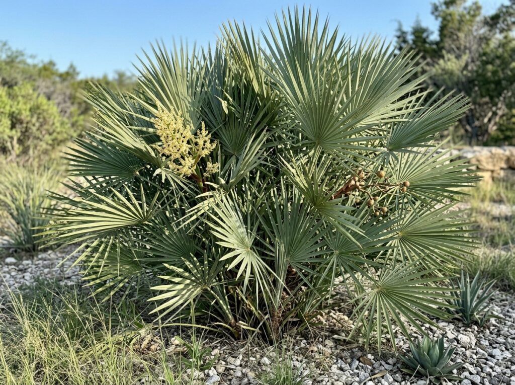 Mazari Palm in a nursery container with spiky blue-green fan fronds.