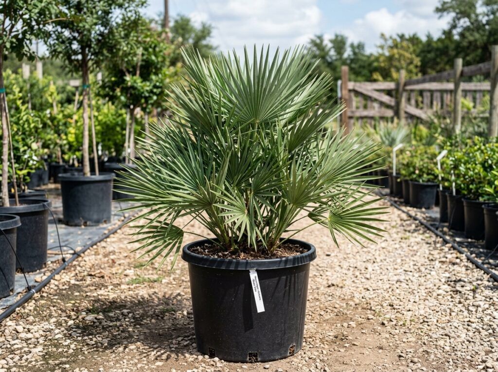 Mazari Palm palm with stiff blue-green fan fronds growing in a nursery container against a plain background.