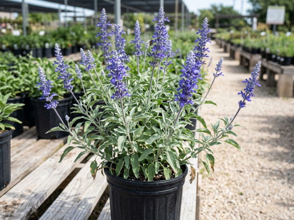 Mealy Cup Sage perennial with purple-blue flower spikes and green foliage in bloom.