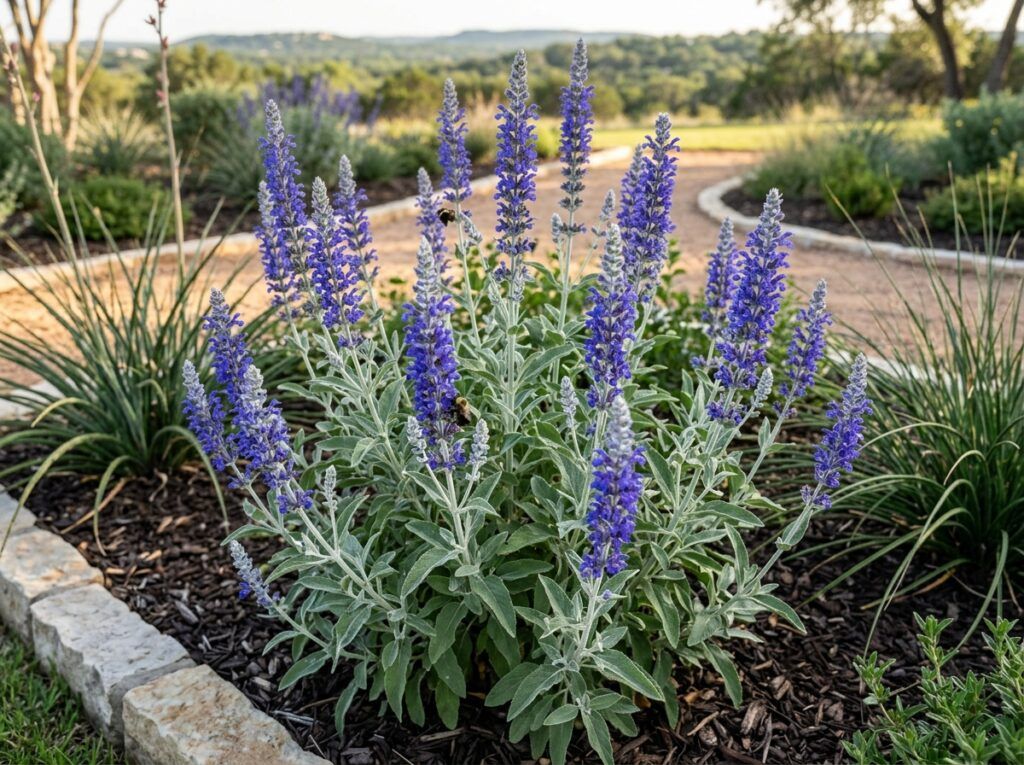 Mealy Cup Sage perennial with tall blue flower spikes and silvery green foliage in a nursery pot.