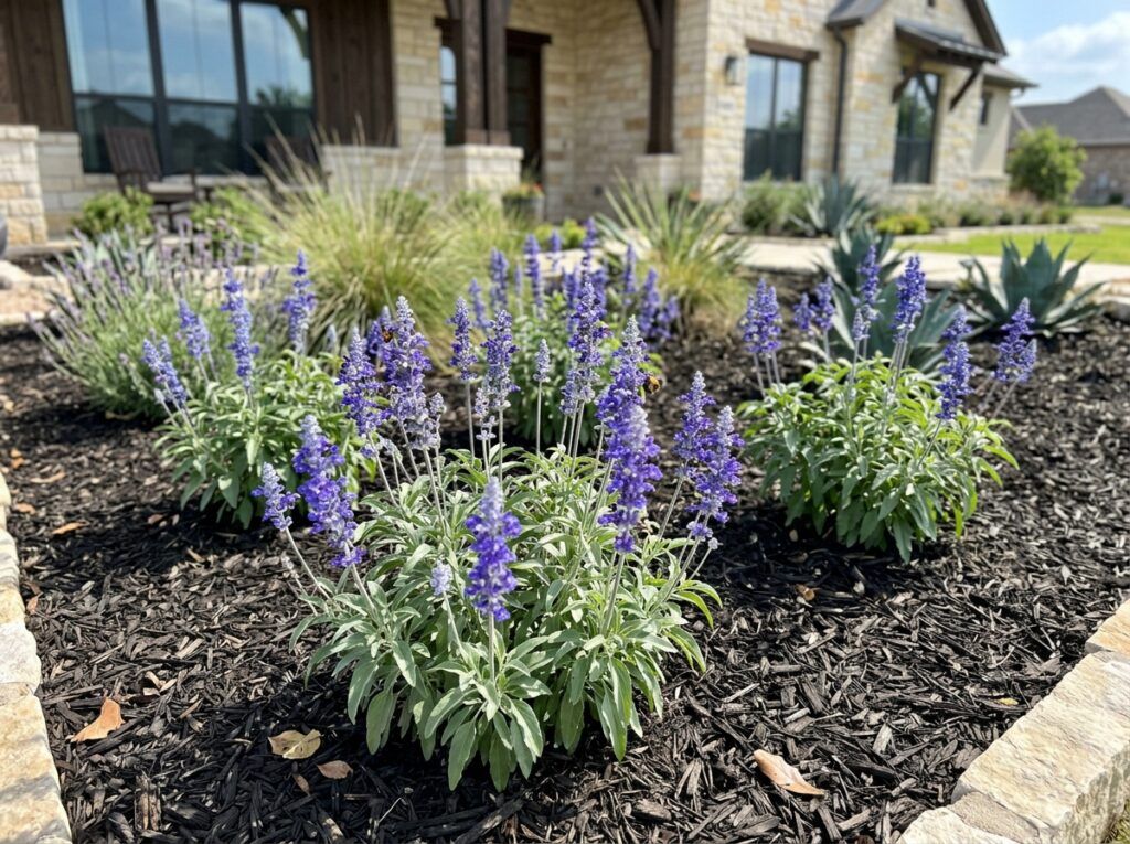 Mealy Cup Sage perennial with purple flower spikes and green foliage in a black nursery pot.