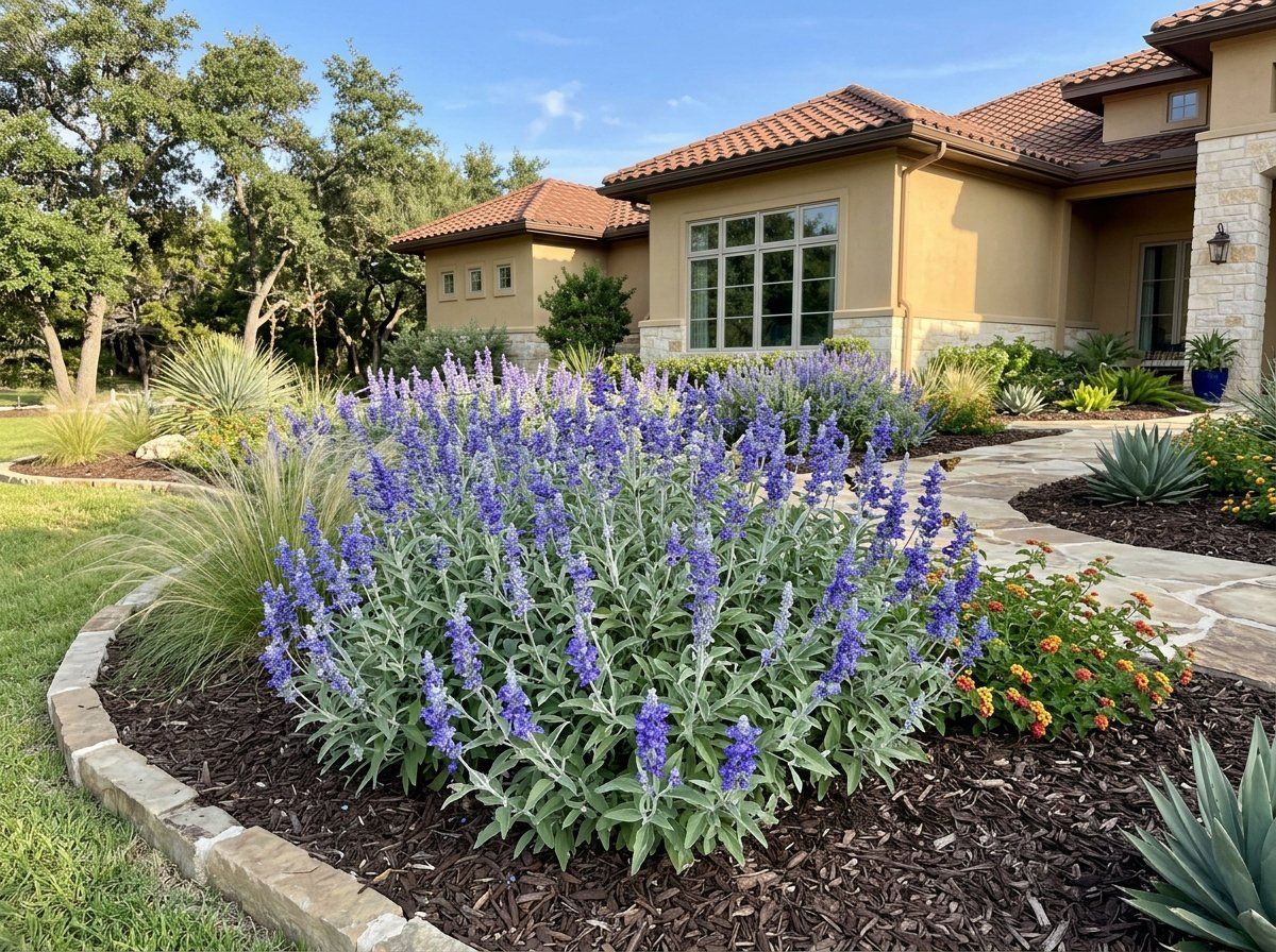 Mealy Cup Sage with tall blue-purple flower spikes and lush green foliage in bloom.