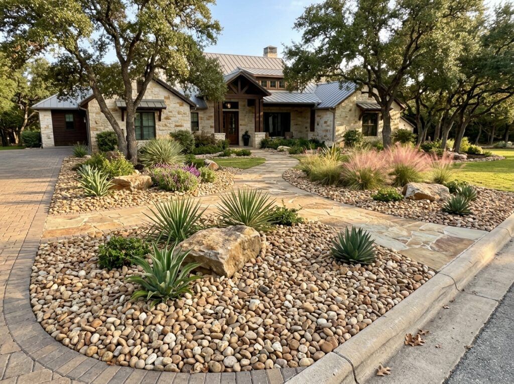 Medina River Rock river rock ground cover with smooth tan and gray stones spread in a landscape bed.