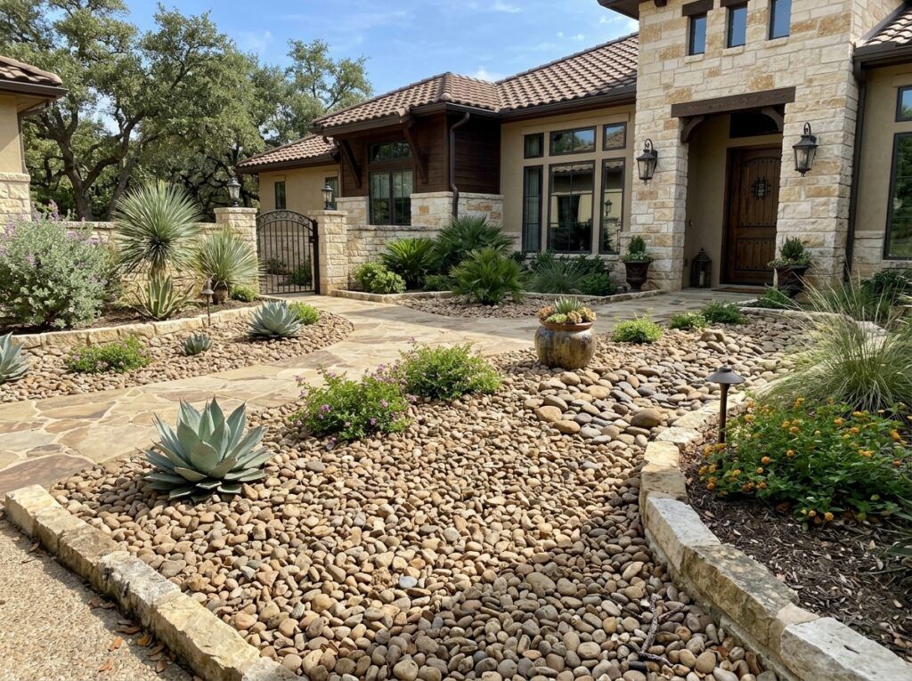 Medina River Rock river rock ground cover spread in a landscape bed with smooth tan and gray stones.