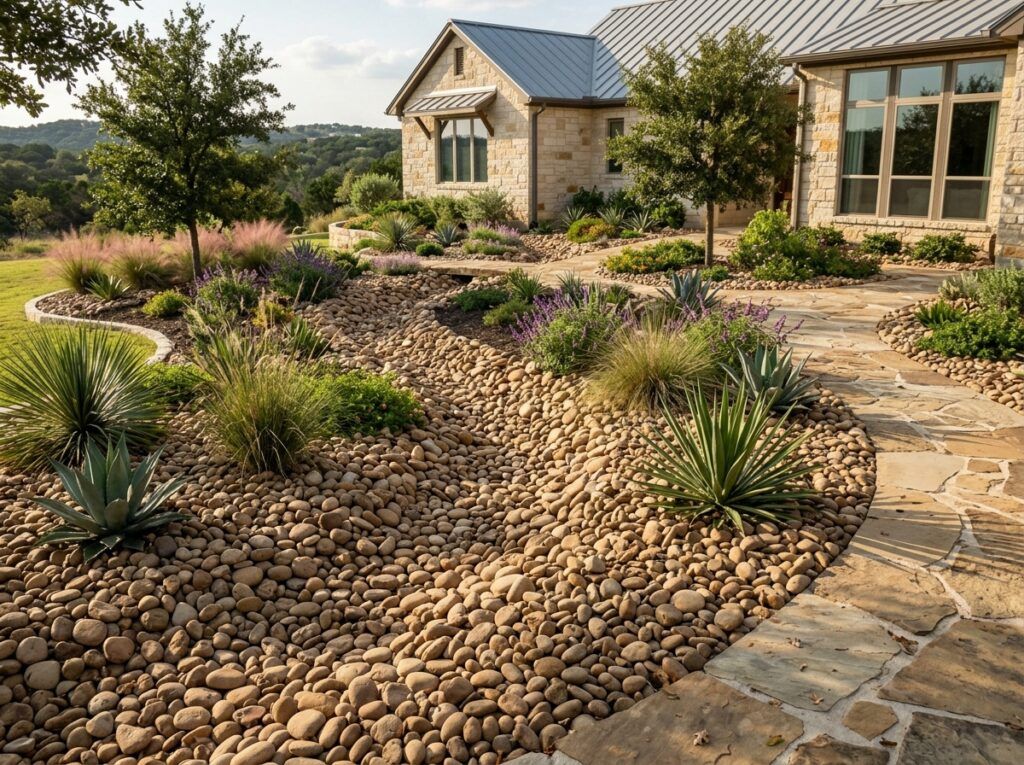 Medina River Rock river rock ground cover spread in a landscape bed, smooth mixed gray stones around plants.