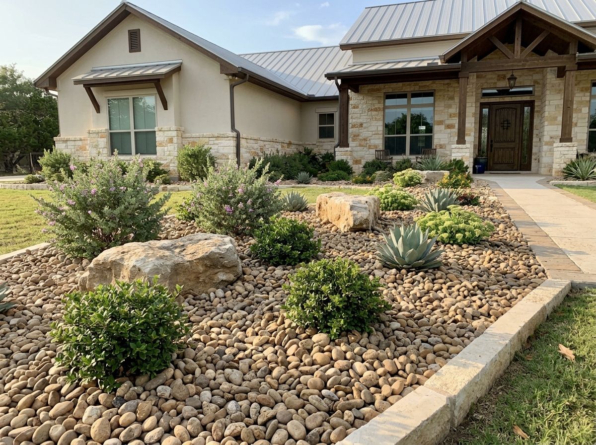 Medina River Rock river rock ground cover spread in a landscaped bed with mixed gray stones.