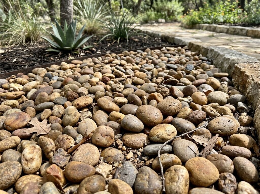 Medina River Rock ground cover with smooth tan and gray stones spread in a dense layer.