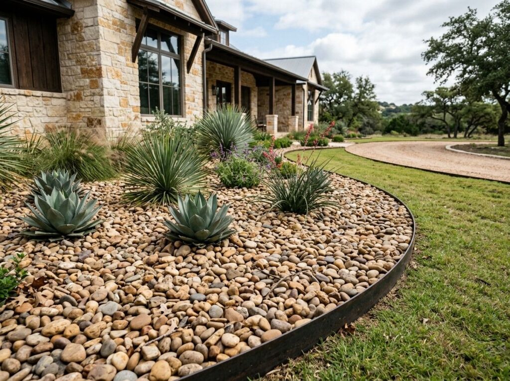 Medina River Rock river rock ground cover of smooth tan and gray stones spread over a landscape bed.