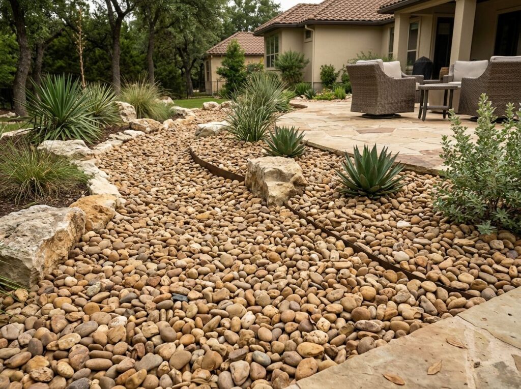 Medina River Rock river rock ground cover with smooth tan and gray stones spread in a landscaped bed.