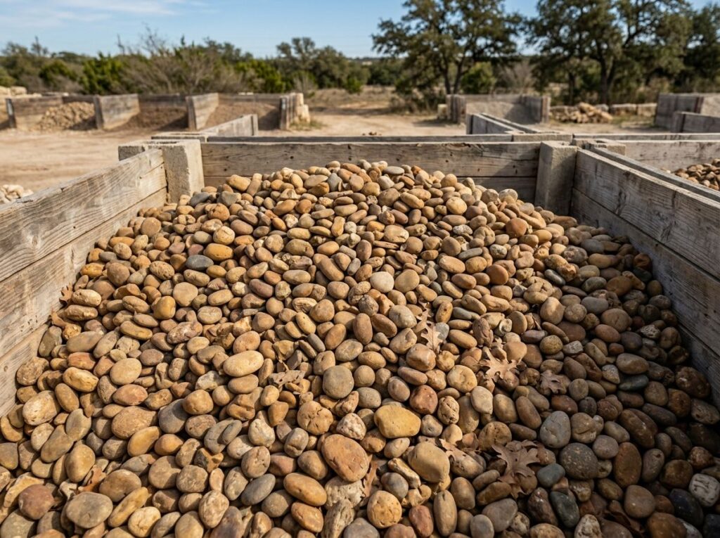 Medina River Rock river rock ground cover, smooth tan and gray stones spread in a landscaped bed.