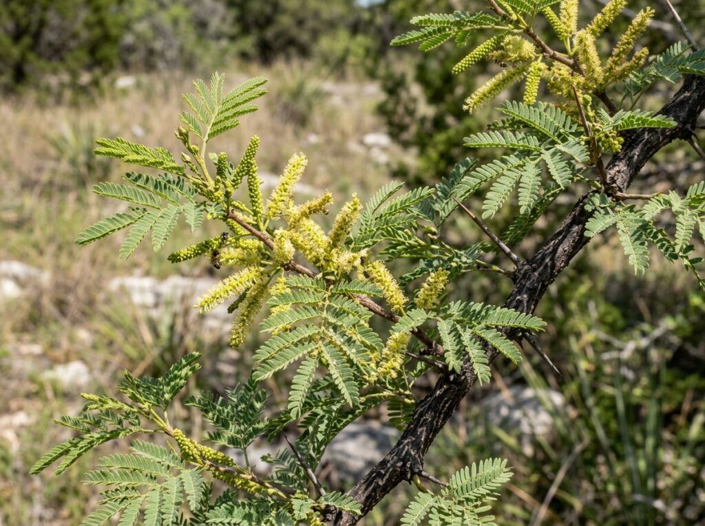 Mesquite Tree with airy green canopy and twisting multi-trunk branches in a sunlit landscape setting.