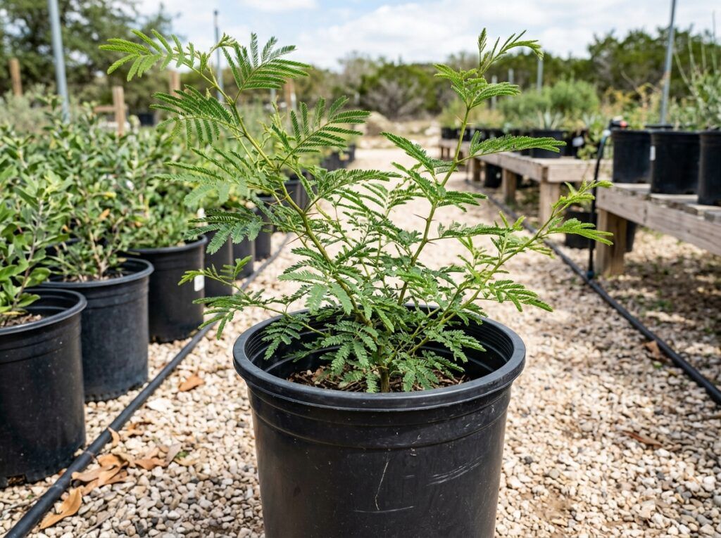 Mesquite tree in a black nursery container, showing feathery green foliage on a clean white background.