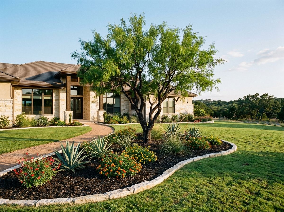 Mesquite tree with a broad, spreading canopy and feathery green foliage in a landscaped yard.