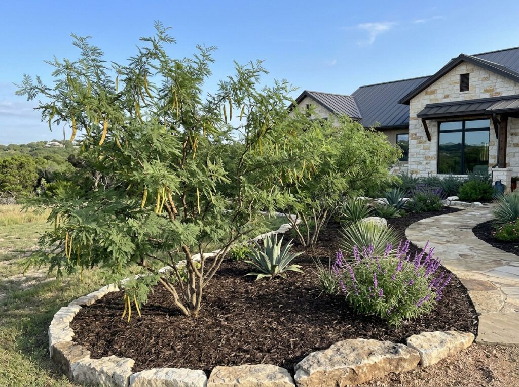 Mesquite tree with twisting trunk and airy green canopy shown as a mature specimen in a landscape setting.