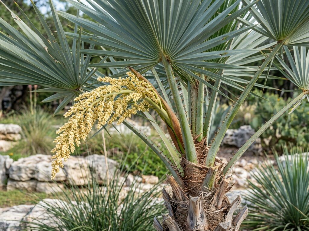 Mexican Blue Palm in a black nursery pot with blue-green fan fronds, shown against a white background.