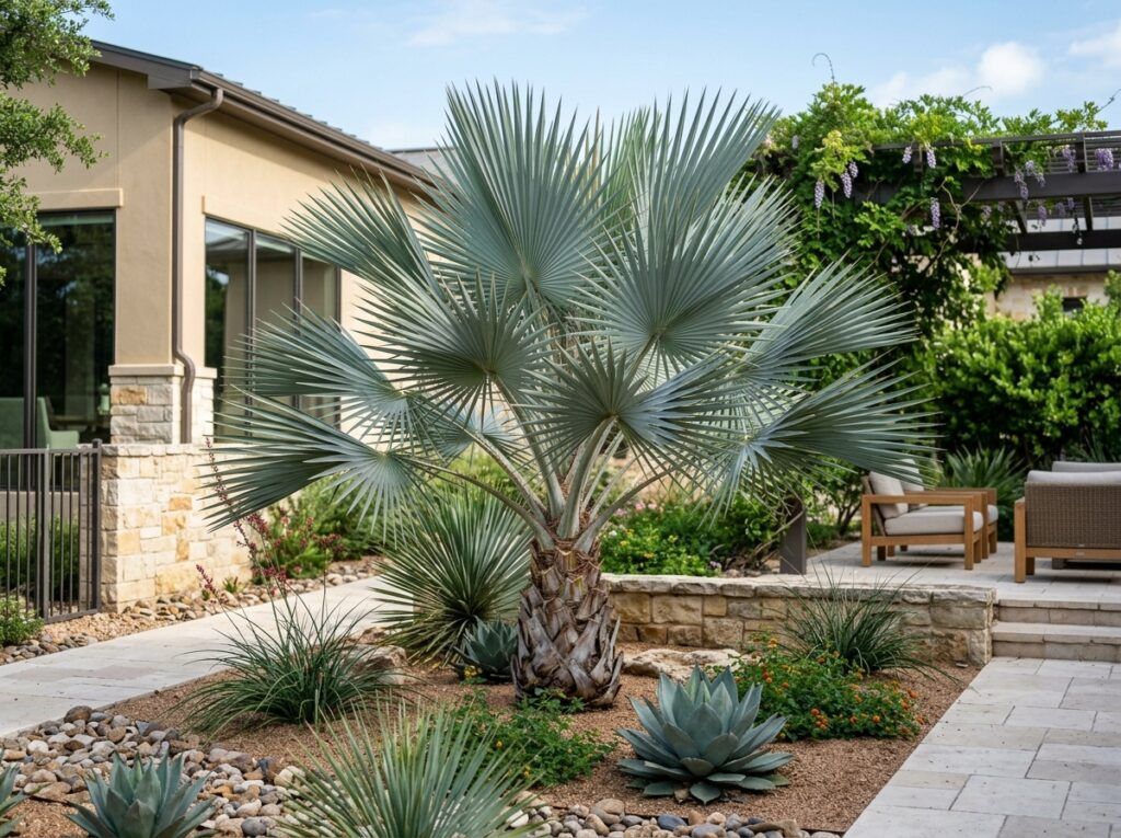 Mexican Blue Palm with blue-green fan-shaped fronds, young palm in a nursery container against a light background
