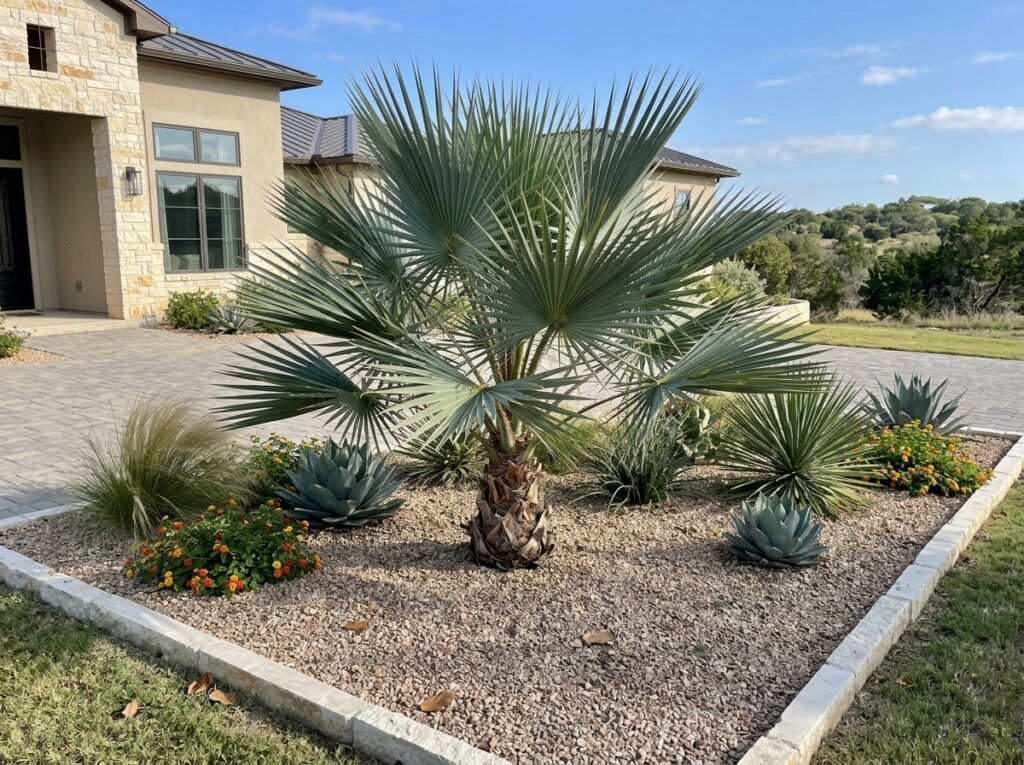 Mexican Blue Palm in a container with silvery blue fan fronds, shown as a young palm.