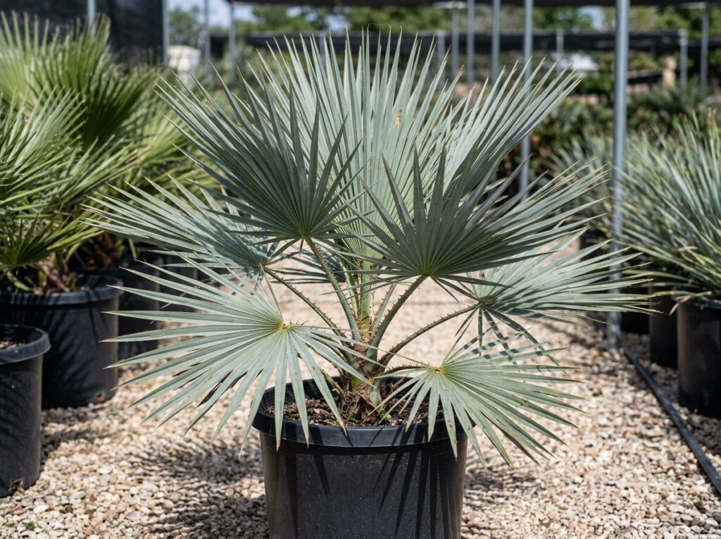 Mexican Blue Palm in a nursery pot with blue-green fan fronds.