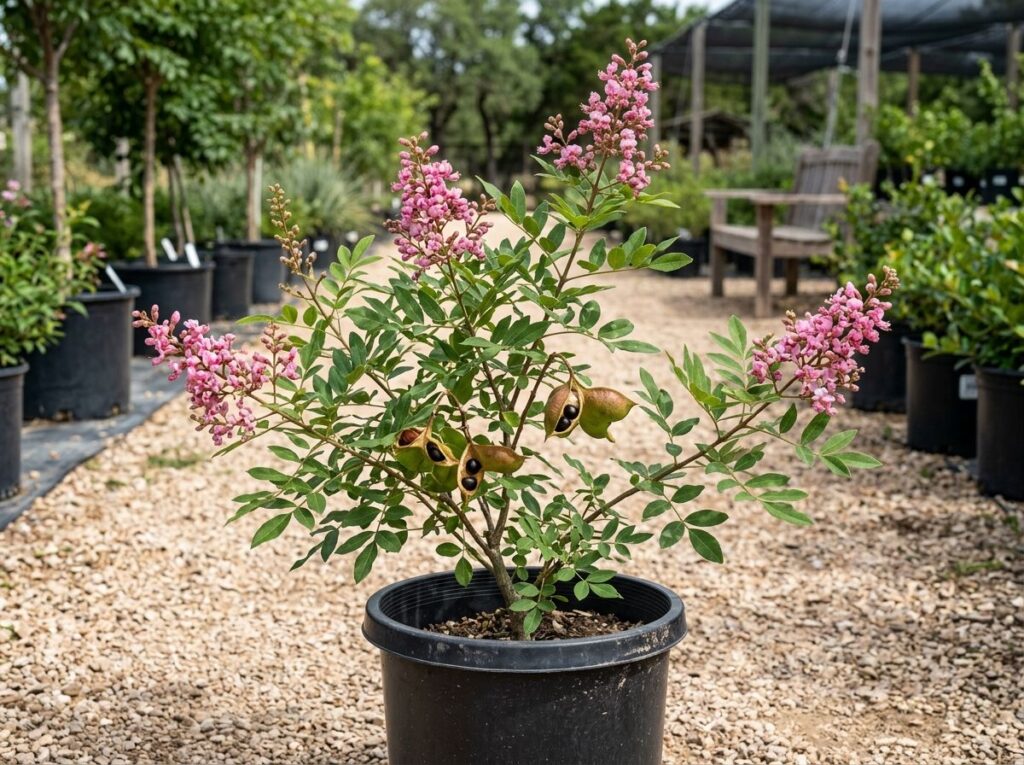 Mexican Buckeye tree in a nursery container with dense green foliage.