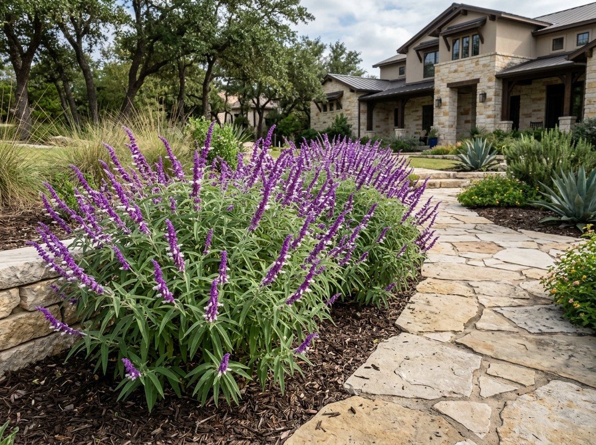 Mexican Bush Sage perennial with arching gray-green foliage and purple flower spikes in full bloom.
