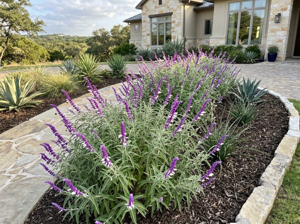Mexican Bush Sage in bloom with purple flower spikes and gray-green foliage in a pot.