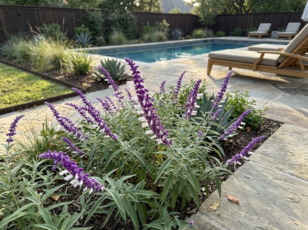 Mexican Bush Sage perennial with purple flower spikes and gray-green foliage growing in a landscape bed.
