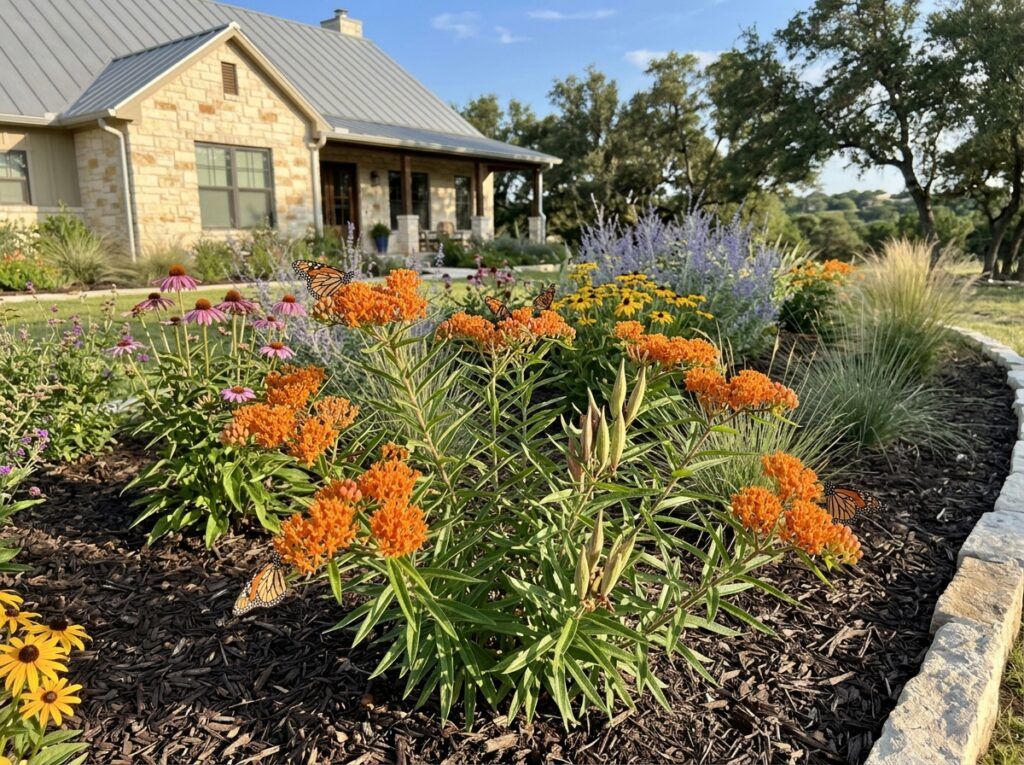 Mexican Butterfly Weed perennial in a nursery pot with bright orange blooms and narrow green leaves.
