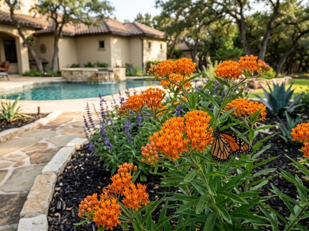Mexican Butterfly Weed in a nursery pot with bright orange flower clusters and narrow green leaves.